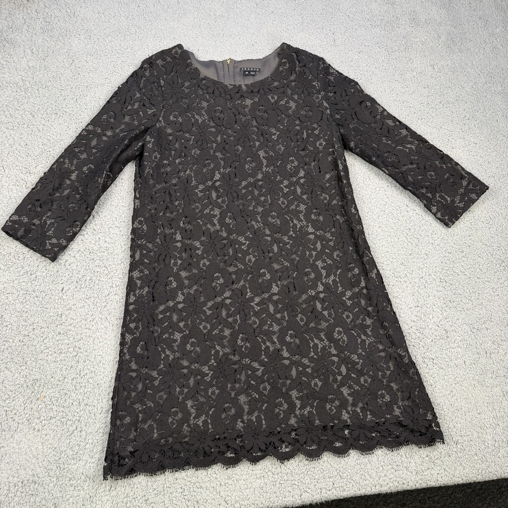 Theory Dress Womens 10 Gray Lace Sheath 3/4 Sleeve Scallop Hem Party Cocktail‎